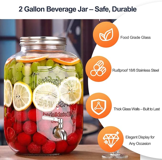 2 Gallon Drink Dispensers for Parties, 1 Pack Glass Beverage Dispenser - Image 4