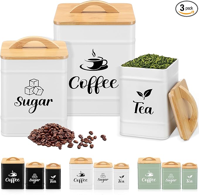 Maxdot 3 Set Coffee Sugar Tea Containers, Square Airtight Kitchen Canisters by Maxdot