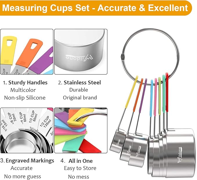 Wildone 8-Piece Measuring Cups Set, Stainless Steel Nesting Measuring Cups - Image 3