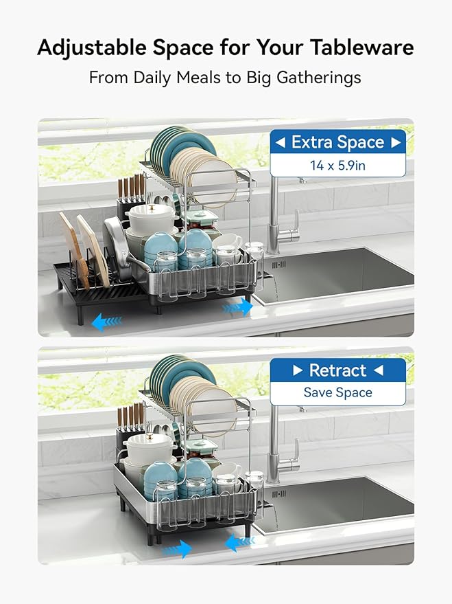 SUNLY 2 Tier Dish Drying Rack, Extra Large Dish Rack, Expandable Dish Racks - Image 3