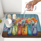 Vintage Floral Dish Drying Mat for Kitchen Counter Rustic Flower Vases Wooden - Image 6