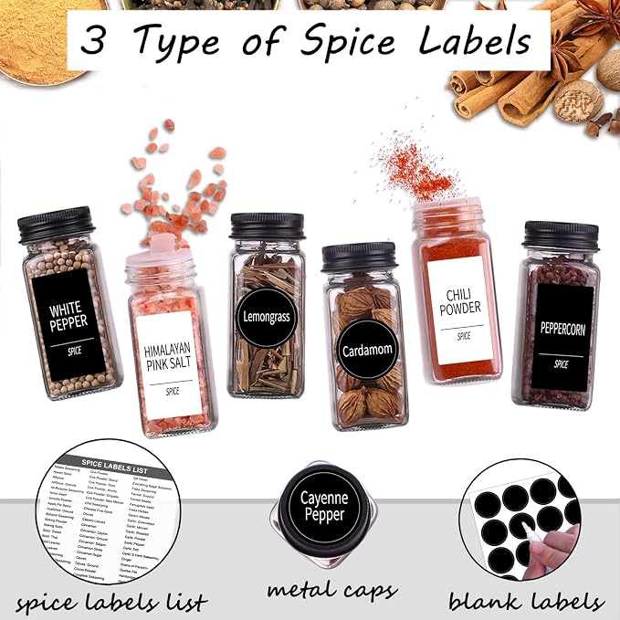 Churboro 66 Spice Jars with 547 Labels- Glass Spice Jars with Black Metal Caps - Image 2