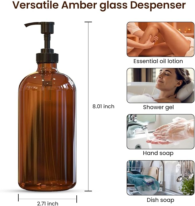 Sunrise Premium, 16 OZ Thick Amber Glass Soap Dispenser - Image 3