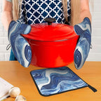 Blue and White Ocean Wave Oven Mitts and Pot Holders Sets of 3, Heat Resistant - Image 3