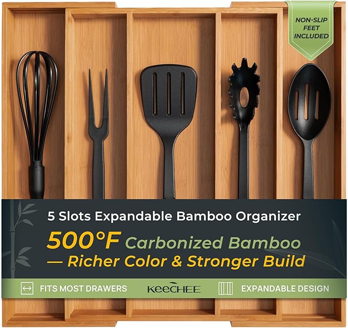 Carbonized Bamboo Kitchen Drawer Organizer, 5 Slots Expandable Silverware by Keechee
