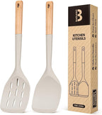 Pack of 2 Silicone Spatula, Non Stick Cooking Utensil Set Wooden Handle Kitchen by BADIANO