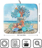 Coastal Coral Dish Drying Mat 16x18 inch Starfish Shell Fast Dry Microfiber - Image 2