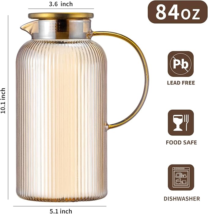 Buaic Glass Pitcher with Lid, 84oz/2.5 Liter Amber Classic Vertical Stripes - Image 2