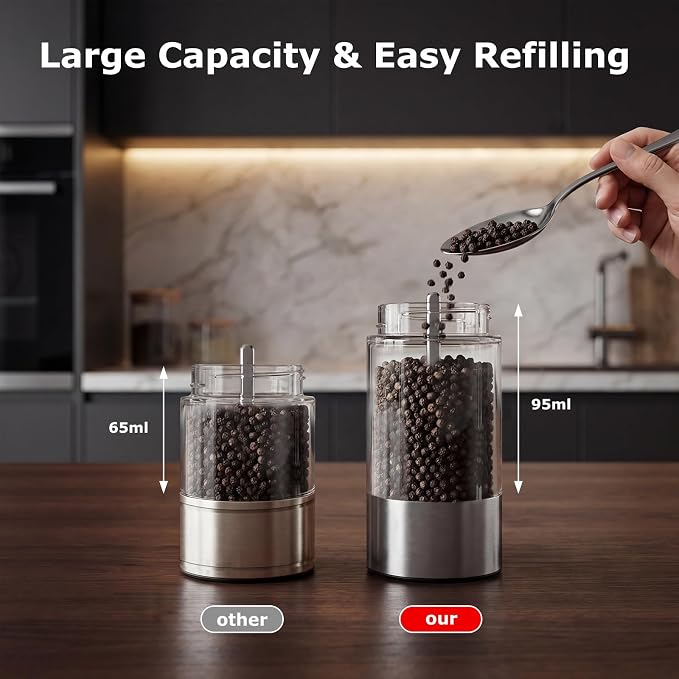 Bonsenkitchen Electric Salt and Pepper Grinder Set Rechargeable, 95ml Large - Image 5