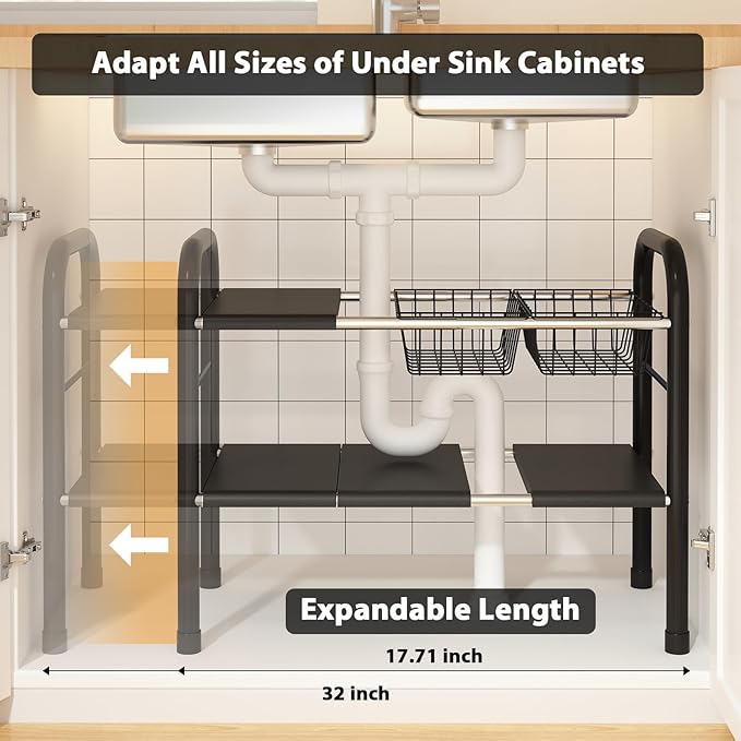 Expandable Under Sink Organizer, 2 Tier Under Sink Shelf - Image 2