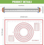 Rolling Pin with Adjustable Thickness Rings and Silicone Baking Pastry Mat Set - Image 2