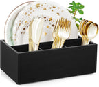 DRASTAR Paper Plate Dispenser, Wooden Utensil Caddy Organizer, Large Silverware by EnhanceYourDailyLife