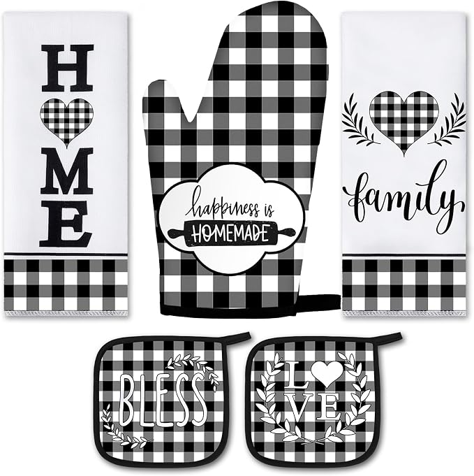 5 Pieces Buffalo Plaid Kitchen Towels Oven Mitts and Pot Holder Set Black and by Rtteri