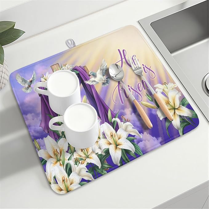 Easter Dish Drying Mat for Kitchen Counter He is Risen Cross Floral Purple - Image 8