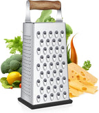 Cheese Grater with Wood Handle, Size 4-Sided Stainless Steel Box Grater by Kaishun
