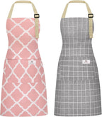 2 Pieces Aprons for Women with Pockets, Cotton Linen Waterproof Kitchen Cooking by Riqiaqia
