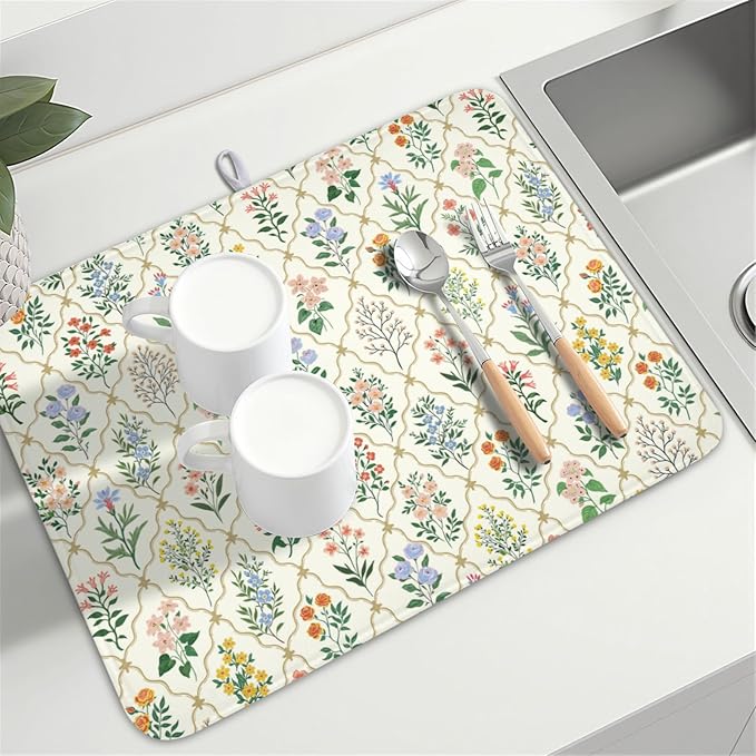 Floral Dish Drying Mat for Kitchen Counter Spring Summer Wild Flowers Diamond - Image 8