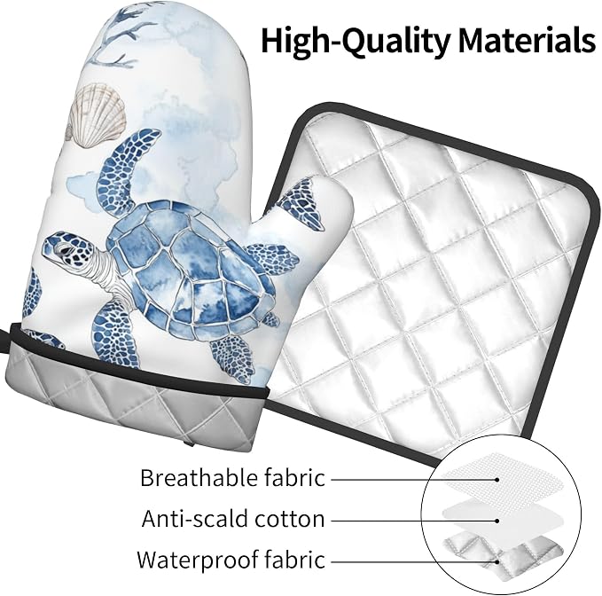 Navy Blue Ocean Sea Turtle Oven Mitts and Pot Holders Sets of 2 Summer Gift - Image 4