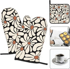 Boho Floral Pot Holders and Oven Mitts Set, Cute Black and Beige Kitchen Mitts - Image 3