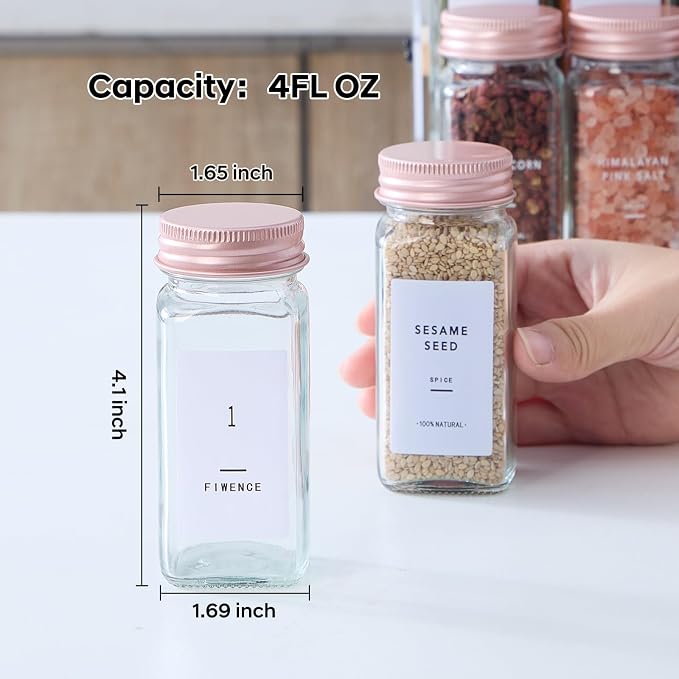 48 Pcs Glass Spice Jars with Labels and Pink Metal Caps, 4oz Empty Spice - Image 2
