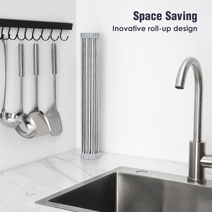 Tomorotec Stainless Steel Roll-Up Dish Drying Rack Marble Color Silicone Edges - Image 3