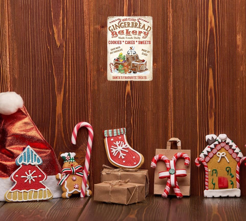 Artlunar Vintage Christmas Decor Gifts Rustic Christmas Mrs Claus Gingerbread Bakery Santa‘s Favorite Treats Tin Sign for Home Farmhouse Kicthen Cafe Bar Wall Decor 8 x 12 inches (3244) - Image 4