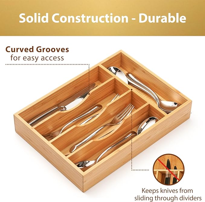 Umilife Bamboo Kitchen Drawer Organizer, 9 Inch Silverware Utensils Tray Holder - Image 3
