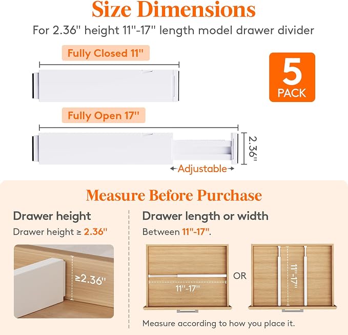 Lifewit 5 Pack 2.36" High Drawer Dividers 28-43.5cm/11-17" Adjustable Drawer - Image 2