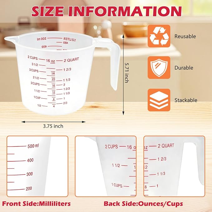 8 Pcs 2 Cup Capacity Plastic Measuring Cup, 16 Oz/500 ml Clear Graduated - Image 2