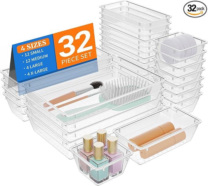 StorMiracle 32 PCS Clear Plastic Drawer Organizer Set, 4-Size vanity organizer by StorMiracle