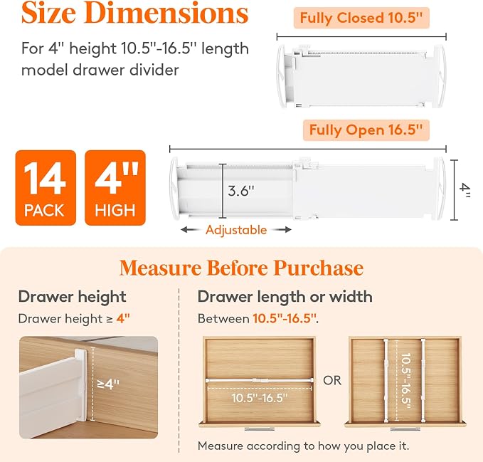 Lifewit 4" Tall 14 Pack Drawer Dividers, 27-42cm/10.5-16.5" Expandable Drawer - Image 2