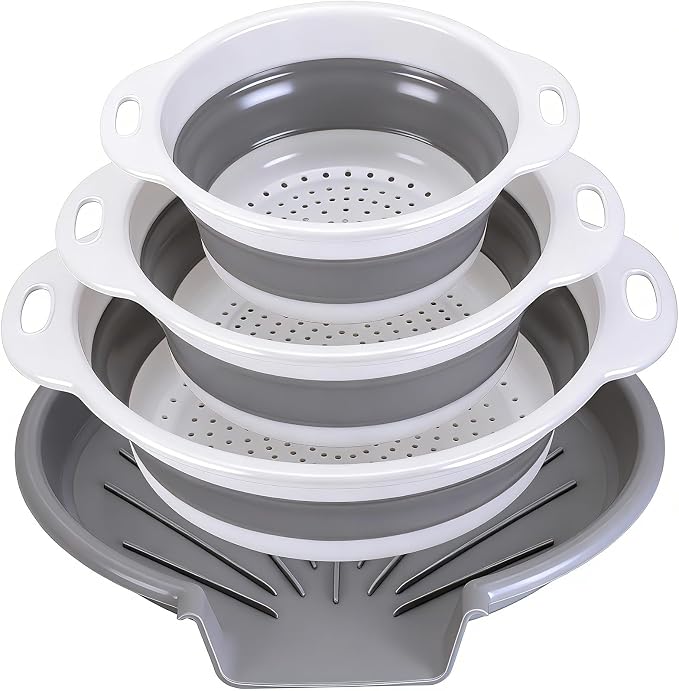 Collapsible Colander Set with Oversized Draining Tray | 3-Pack Foldable Kitchen by CLUREN