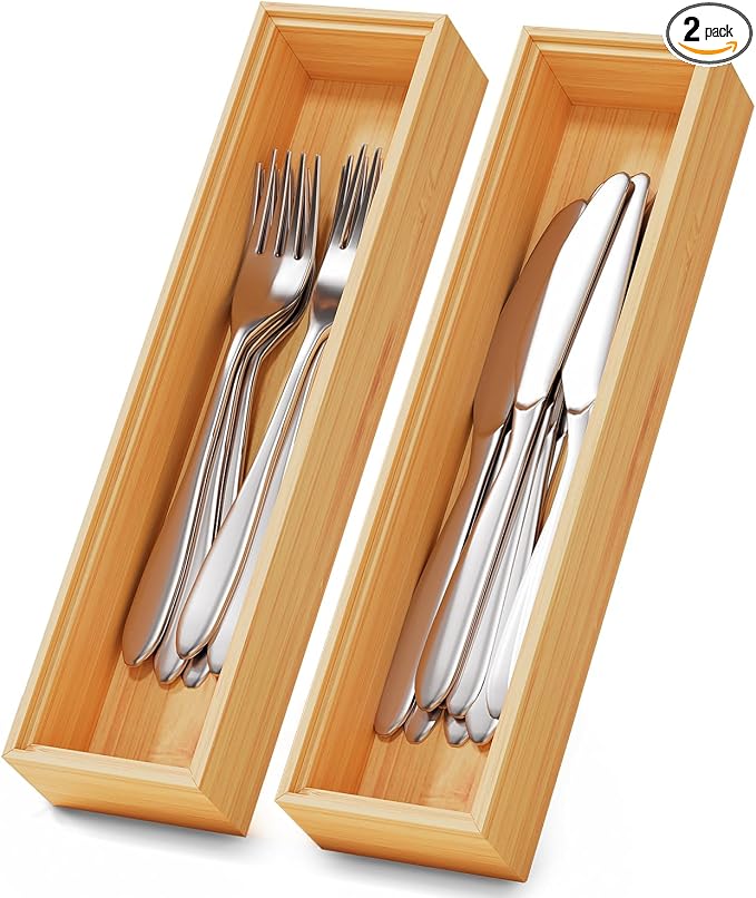 Bamboo Kitchen Drawer Organizer Boxes – 12" x 3" Stackable Wood Silverware by LOCHANTIE