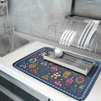 Lapis Blue Dish Drying Mat for Kitchen Counter Flowers Microfiber Absorbent - Image 5