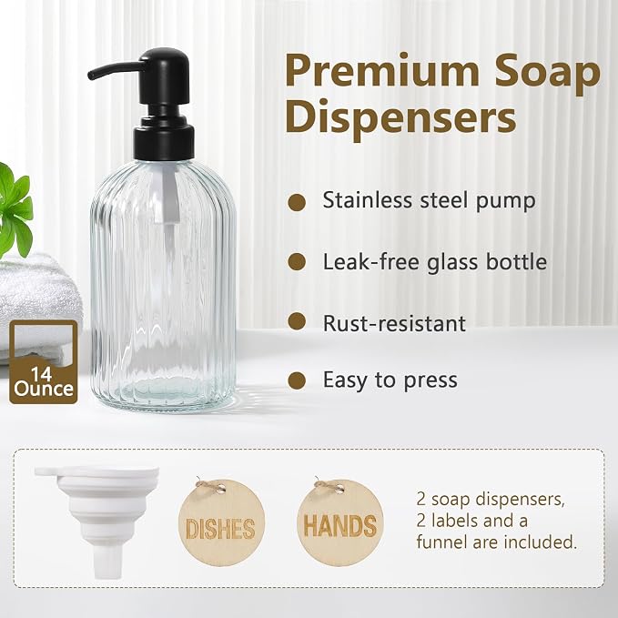 Shinowa Kitchen Dish Soap Dispenser Set, 14OZ Glass Bottle - Image 4