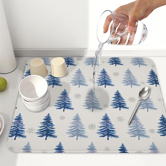 Winter Dish Drying Mat 16 x 18 Inch Blue Tree Dish Drying Pad Absorbent - Image 6