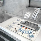 Winter Snowman Dish Drying Mat for Kitchen Counter 18x24 Blue Snowflake Bird - Image 5