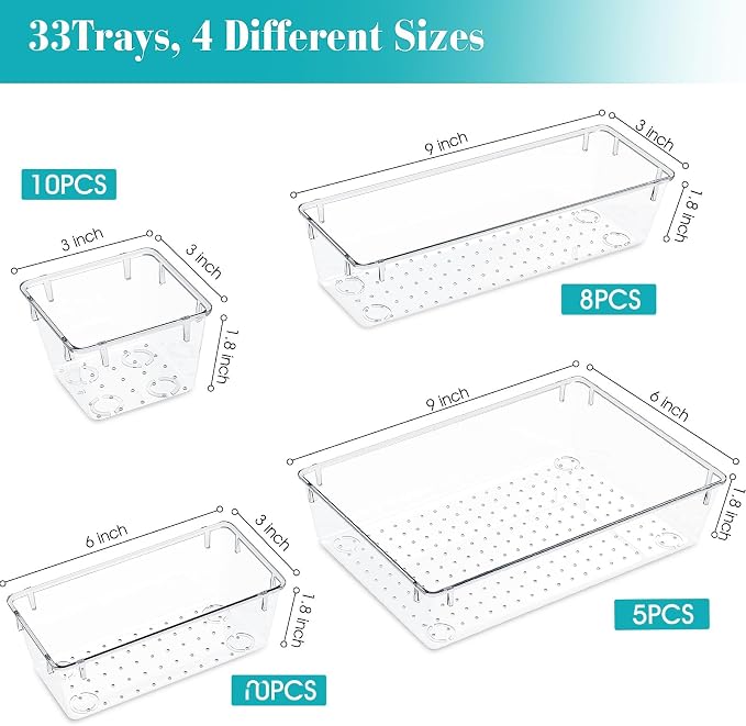 StorMiracle 33 PCS Clear Plastic Drawer Organizers Set, 4 Size Desk Drawer - Image 2