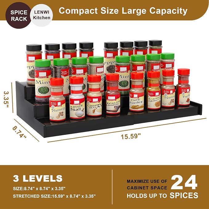 Lenwi Spice Rack Organizer for Cabinet, 3 Tier Expandable Bamboo Spice Storage - Image 5