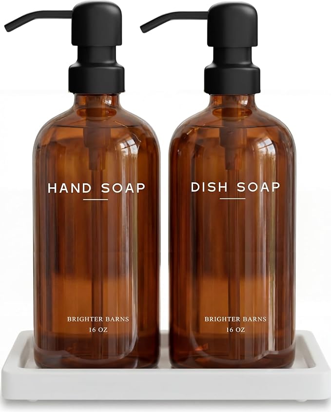 Amber Glass Hand and Dish Soap Dispenser Set by Brighter Barns by BrighterBarns