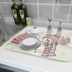 Giwawa Pink Snowman Dish Drying Mat Xmas Trees Bird Winter Snowy Scene Dish - Image 6