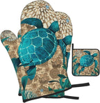 Retro Teal Nautical Oven Mitts and Pot Holders Sets, Sea Turtles Oven Gloves - Image 2