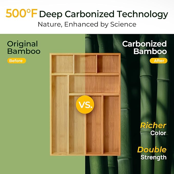 Carbonized Bamboo Kitchen Drawer Organizer, 8 Slots Silverware Organizer - Image 5