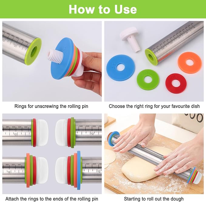 Rolling Pin with Thickness Rings and Silicone Baking Mat, Adjustable Stainless - Image 4