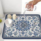 Blue Floral Dish Drying Mat for Kitchen Counter Vintage Flower Pattern - Image 5