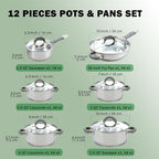 Cook N Home Stainless Steel Cookware Sets, 3-Ply 12 Pcs Pots and Pans Set - Image 2