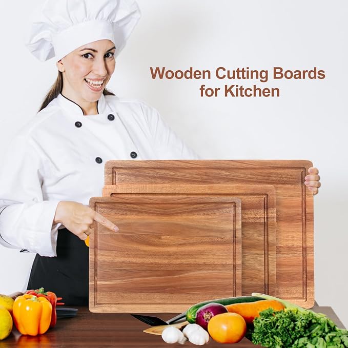 Solid Wooden Cutting Board Set of 3 Acacia Wood Charcuterie Boards Set Hardwood - Image 7