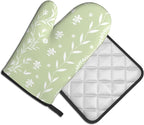 Sage Green Oven Mitt Pot Holder Set Floral BBQ Cooking Gloves Farmhouse - Image 2