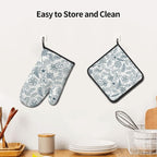 Blue Floral Oven Mitts Set – Vintage Pot Holders Kitchen Gloves - Image 6