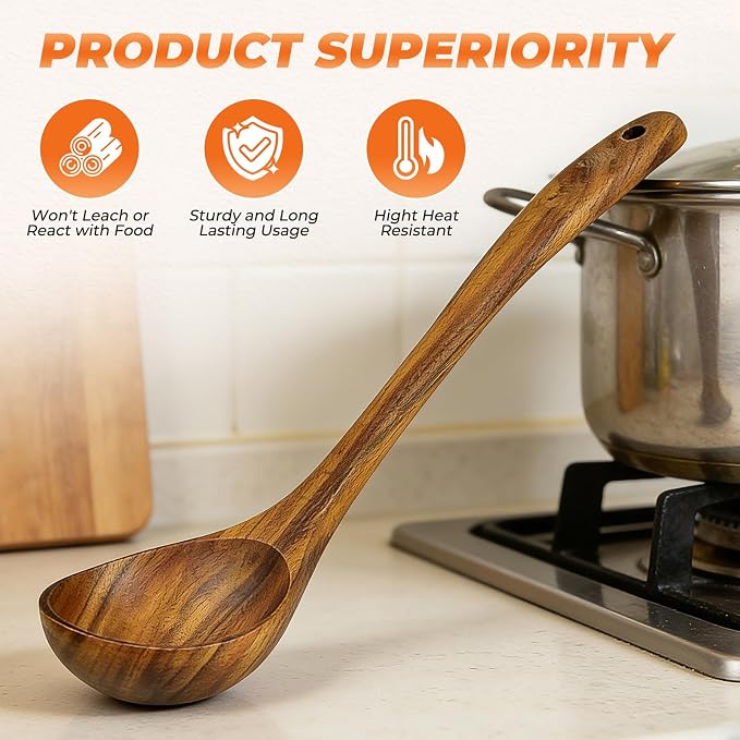 Wooden Ladle, Natural Acacia Wood Soup Spoons - Image 6
